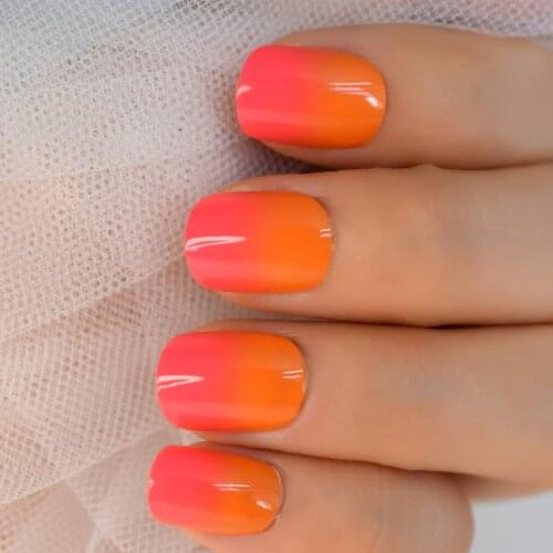 Ombre Orange Red French Tip Press On Nails Short Round Full Cover False Fake Nails For School Office With Adhesive Sticker