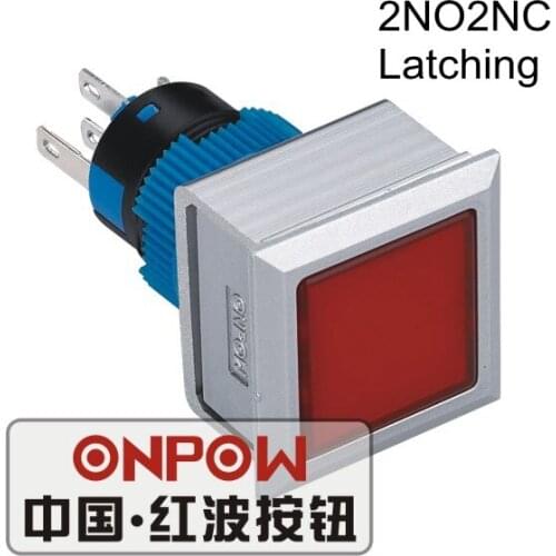 ONPOW 22mm Latching 2NO2NC LED illuminated Square Plastic push button switch (LAS1-AWF-22Z/R/12V) CE, UL, ROHS