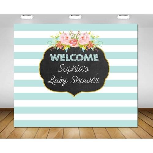 Custom boy baby shower flower leaves blue and white striped backdrop High quality Computer print party backgrounds