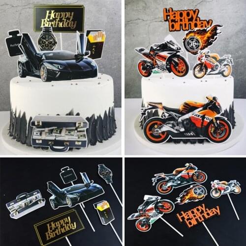 Luxury Car Motorcycle Racing Motor Hot Wheels Flames Fire Cake Topper Happy Birthday Party Decoration Supplies Kids Cupcake Pick