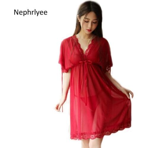Sexy Lace Nightwear Erotic Lingerie Sleepwear Women Summer See Through Sleep Dress Solid Lace Pajamas Bath Robe Dress Nightgown
