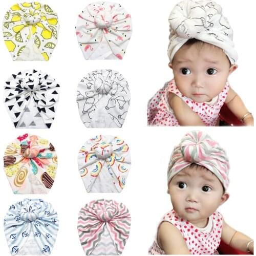 Cute Baby Cotton Caps Bow Hat Flower Print Hats Elastic Baby Bowknot Turban Cap Infant Clothing Accessories Infant gift H078D