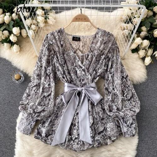 Neploe Stylish High Street Blouse Women 2021 New Temperament V-neck Blusas Mujer Snakeskin Long Sleeve Shirt Autumn Female