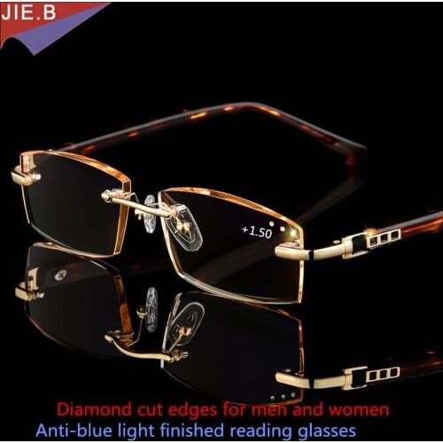 Titanium alloy diamond cut edges, anti-blue light rimless reading glasses for men and women, with diopter +1.0 +1.5 +2.0
