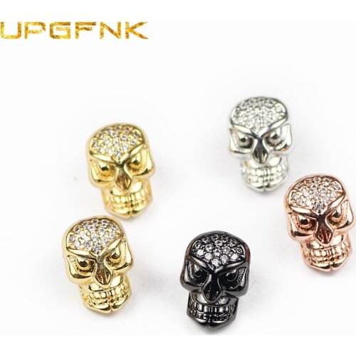 UPGFNK Skull Pendant Copper Spacer beads 2pcs Micro Pave White CZ Charms Loose beads for Jewelry making DIY bracelet Accessories
