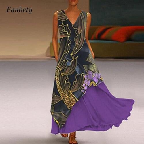 Retro Pattern Printed Fake Two Piece Dress Elegant V Neck Patchwork Ruffle Party Dress Summer Women Sleeveless Pocket Maxi Dress