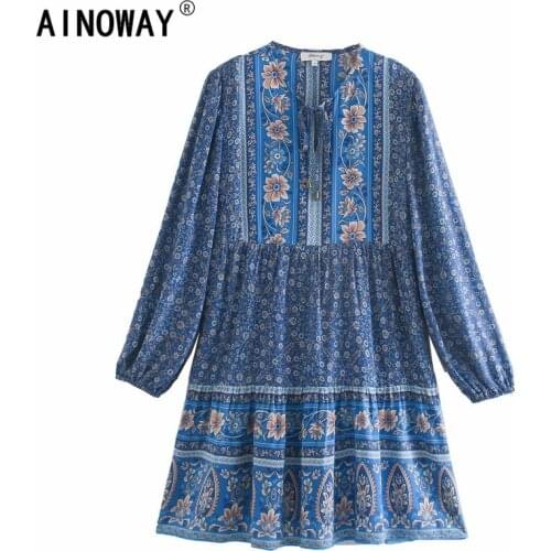 Vintage chic women lace-up tassel peacock print beach Bohemian mini dress Ladies Summer rayon cotton Boho dress vestidos