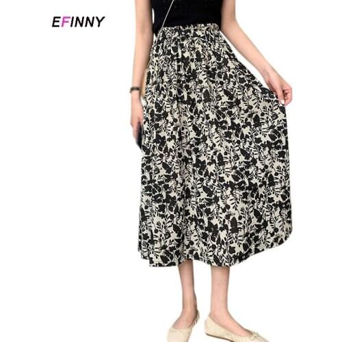 Womens Longuette Vintage Floral Print Skirt A-line Black Skirt High Waist Kawaii Summer Skirt Casual Girls Clothes M L XL
