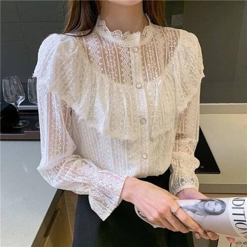 2021 Korean Fashion Women Clothing Lace Ruffled Lace Long Sleeve Shirts Blusas Female Flared Sleeve Blouse Elegantes white 1088