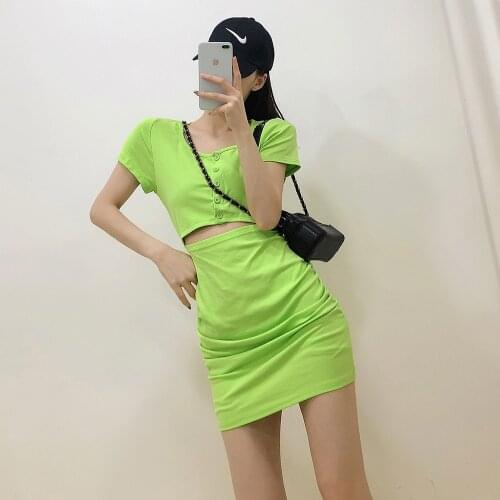 Wenfly Women Korean Sexy O-Neck Short Sleeve Hollow Out Open Navel Single Breasted Slim Sheath Mini Dress For Female