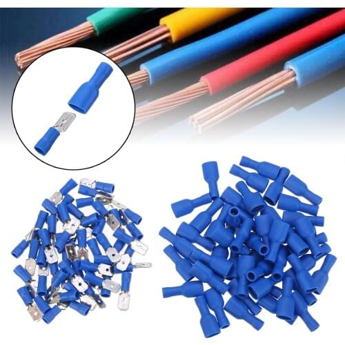 100pcs Insulated Female & Male Spade Crimp Terminal Connector for Audio Wire Blue 1.5mm - 2.5mm 16-14 AWG Cable