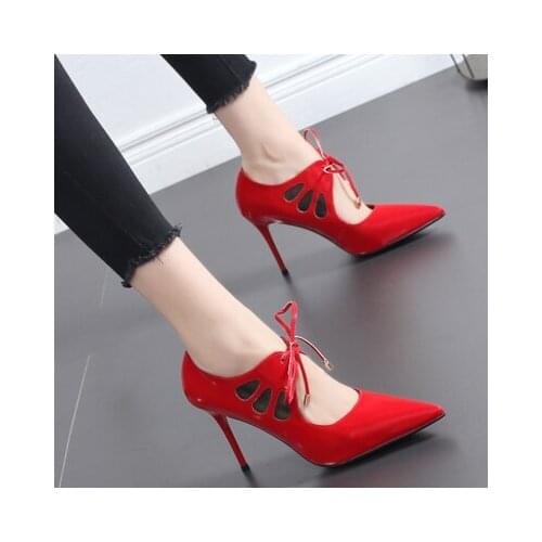 2020 HOT Women Pumps PU Lace-Up High Heels 9CM Women Shoes Pointed Toe Elegant Single Female Shoes Party Wedding Shoes Red White