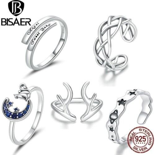 BISAER 100% 925 Sterling Silver Forever Clear CZ Circle Round Square Finger Rings Women Dubai Wedding Bridal Jewelry EFR144