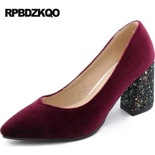 Sequin 3 Inch Pumps Green Luxury Shoes Women Designers Suede Pointed Toe Glitter Size 33 11 43 Plus High Heels Thick Wine Red