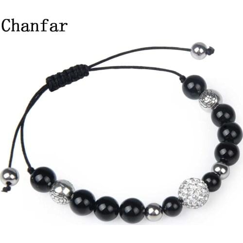 Chanfar 8mm Black Semi Precious Stone Crystal Ball Bracelet of Wax Cord Handmade Braided Bracelet
