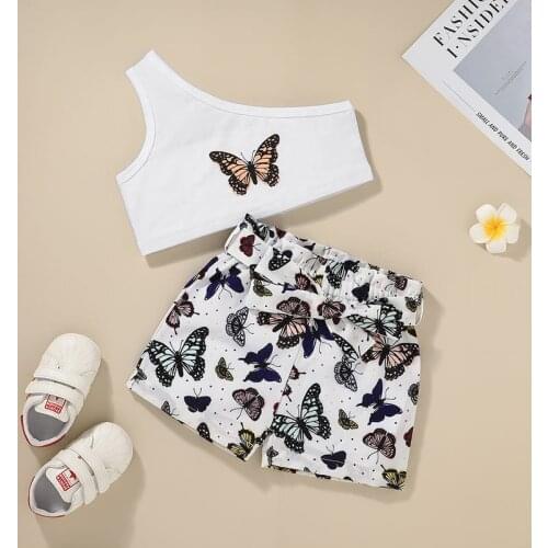 2 Pieces Kids Suit Set Summer Butterfly Print One Shoulder Sleeveless Short Tops+ Shorts for Girls 18 Months-6 Years