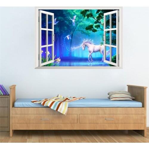 Fantastic Unicorn 3D Window Wall Sticker For Kids Room Bedroom Home Decoration Animal Forest Scenery Mural Art Diy PVC Decals