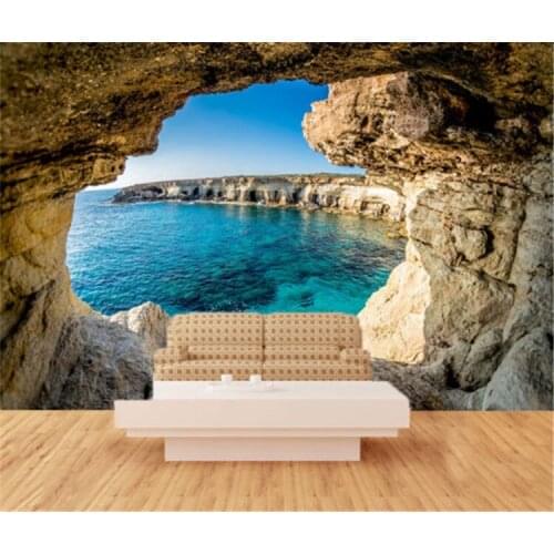 Blue sky beach scenery sofa TV background wall 3d mural 8d nature modern wallpaper cave seascape
