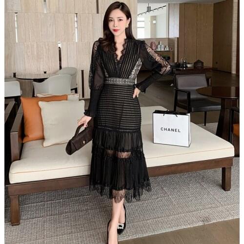 JSXDHK 2021 New Runway Designer Women Black Long Dress Elegant Spring Chiffon Patchwork Lace V Neck Lantern Sleeve Pleated Dress