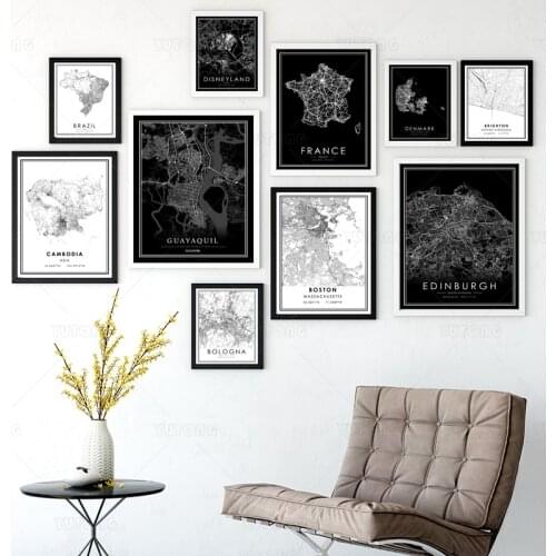 Custom Map Modern Black White World City Maps Canvas Paintings Poster Print Wall Art Pictures Home Decor for Living Room Framed