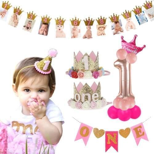 HUHULE 1st Birhtday Kids Party Decoration One Year Old Baby Girl Crown Baby Boys First Birth Day Baby Shower 12Month Garland