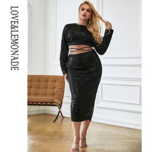 LOVE&LEMONADE PLUS SIZE Sexy Black Open Back Straps Slim Fit Elastic Sequins Set LM83015PLUS