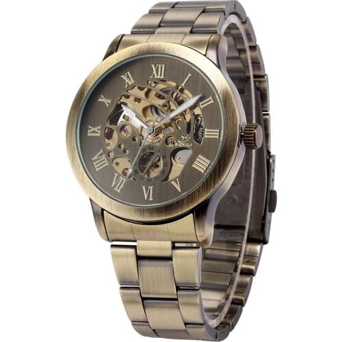 SHENHUA Retro Mechanical Watch Antique Bronze Tone Skeleton Dial Stainless Steel Band Male Clock Auto Self Winding Wristwatch