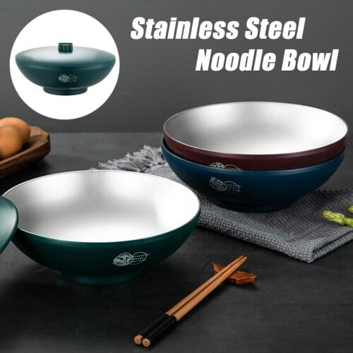 Stainless Steel Noodle Bowl with Cover Tableware Round Food Dishes Double Insulation Kitchen Bowls