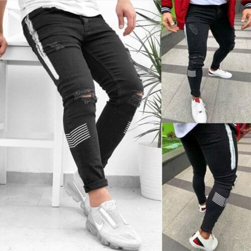Mens Striped Print Jeans Brand New Skinny Ripped Destroyed Stretch Denim Trousers Casual Slim Fit Hip Hop Pencil Pants with Hole
