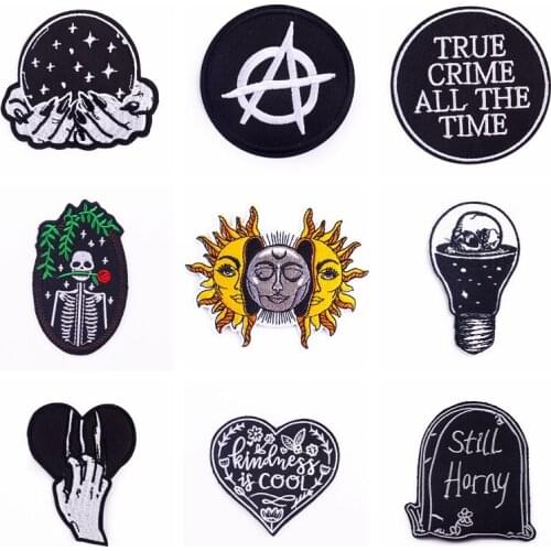 Punk Patch Iron On Patches For Clothes Skull Embroidered Patches For Clothing Black Sticker Letter Patch On Clothes Applique DIY