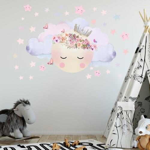 Pink Moon and Stars PVC Sleeping Wall Stickers Romantic Girl Childrens Room Wall Decoration Sticker for Kids Room Bedroom
