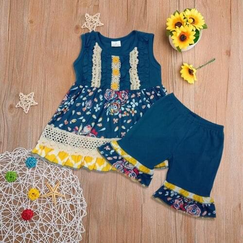 2020 New 2PCS Children Baby Girls clothing Flower Design Lace Stitching short dress Ruffles pants boutique clothing