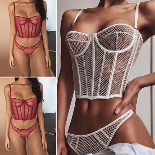 New Fashion Sexy Siamese Underwear Women Hollow Lace Erotic Lingerie Set Babydoll Mesh Pajamas Nightdress Set S-XL