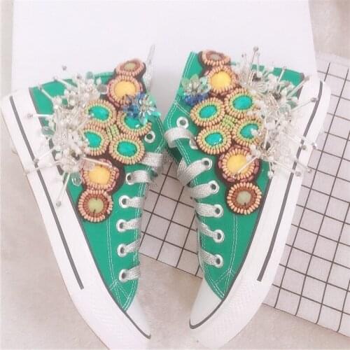 New lace-up lace-up high-top shoes, canvas shoes, sequined flowers, silver casual shoes