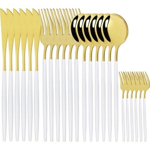 New 24Pcs/Set White Gold Cutlery Set Kitchen Tableware Set Stainless Steel Dinnerware Set Knife Cake Fork Spoon Dinner Set