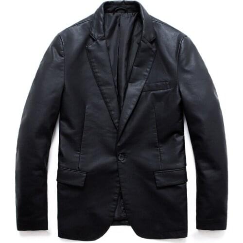 New Spring Blazer Leather Jacket Men Casual Black PU Jacket Slim Fit Single Button Party Wedding Leather Jacket Male