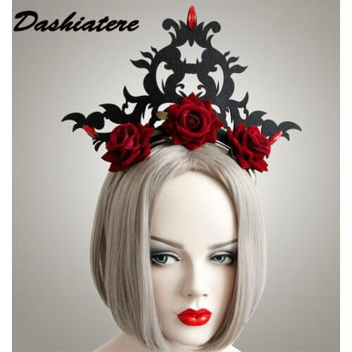 Exaggerated Black Tiara Headband Gothic Damon Queen Crown Burgundy Rose Flower Hair Hoop masquerade Cosplay Head Ornament