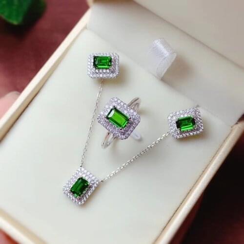 Charming clear green color diopside gemstone ring earrings and necklace jewelry set exquisite natural gem 925 silver party gift