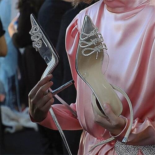 Sexy Pointed Toe Women Pumps Rhinestone PVC High Heels Prom Dress Shoes Woman Stiletto Valentine Shoes Summer Sandals