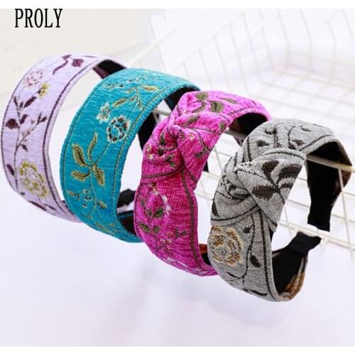 PROLY New Fashion Women Headband Turban Wide Side folk-custom Embroidery Cloth Hairband Girls Casual Hair Accessories