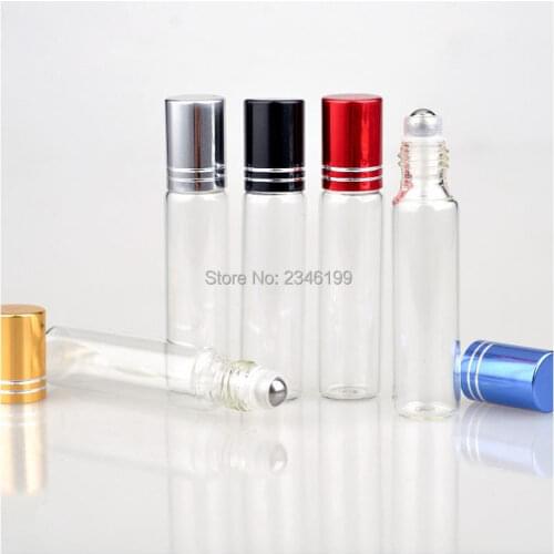 50 Pieces/lot 5ML 10ML Clear Glass Roll on Bottle Perfume Aroma Essential Oil Packing Vial Roller Bottle Colorful Cap Steel Ball