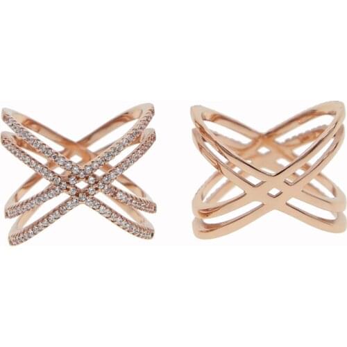 Stock promotion 925 sterling silver rose gold color micro pave cz double criss cross X ring 8 9 10 11