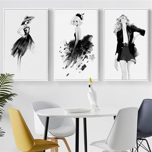 Modern Abstract Black White Fashion Girl Wall Art Canvas Painting Posters and Prints Wall Pictures for Living Room salon Decor