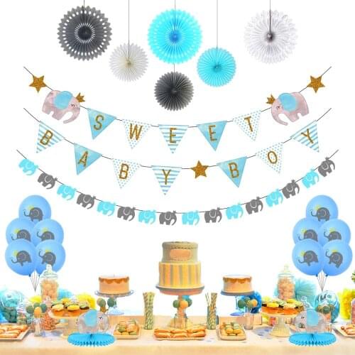 Light blue elephant Baby Shower Decoration sweet baby boy Banner Party Garland Baby Boy Balloon Paper fan 20pcs Party Supplies