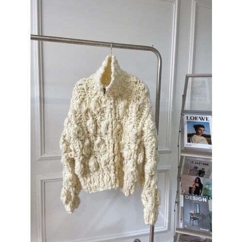 Fashion 2021 new ladies long sleeve sexy casual solid color thick line handmade crochet zipper sweater 1010