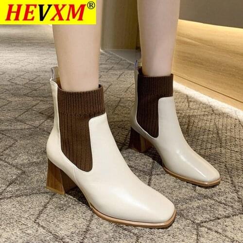 Women Ankle Boots High Heels Black Knitting Booties 2020 Winter Woman Dress Shoes Square Toe Stretch botas retro mujer 8555N