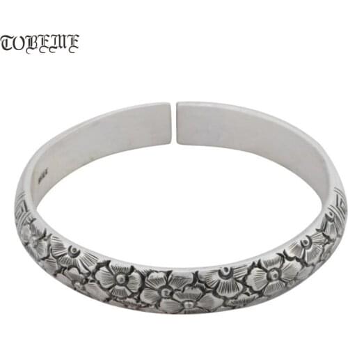 Solid 100% 999 Silver Tibetan Flower Bangle Pure Silver Lucky Symbol Bangle Real Silver Women Cuff Bracelet
