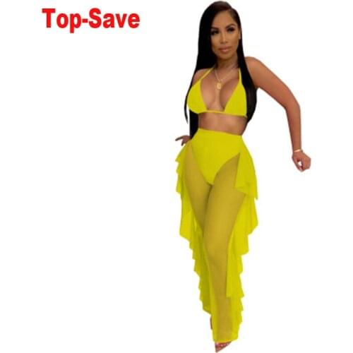 2021 Summer Swimwear Women 2 Piece Set Outfits Crop Top Pants Two Pieces Sets Mesh Solid Panties Clothes For Female Sexy Suit