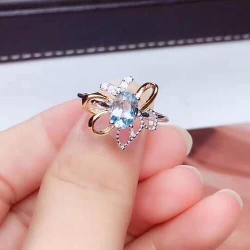 Natural Aquamarine Gemstone Flower Rings Real 925 Sterling Silver Fashion Fine Jewelry for Women 【FS Jewelry