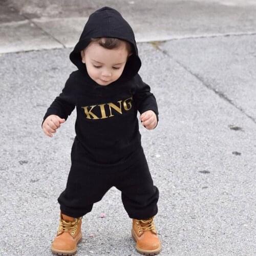 Golden King Letter Printing New Newborn Baby Kid Boy Romper Jumpsuit Cotton Hooded Outfit Set